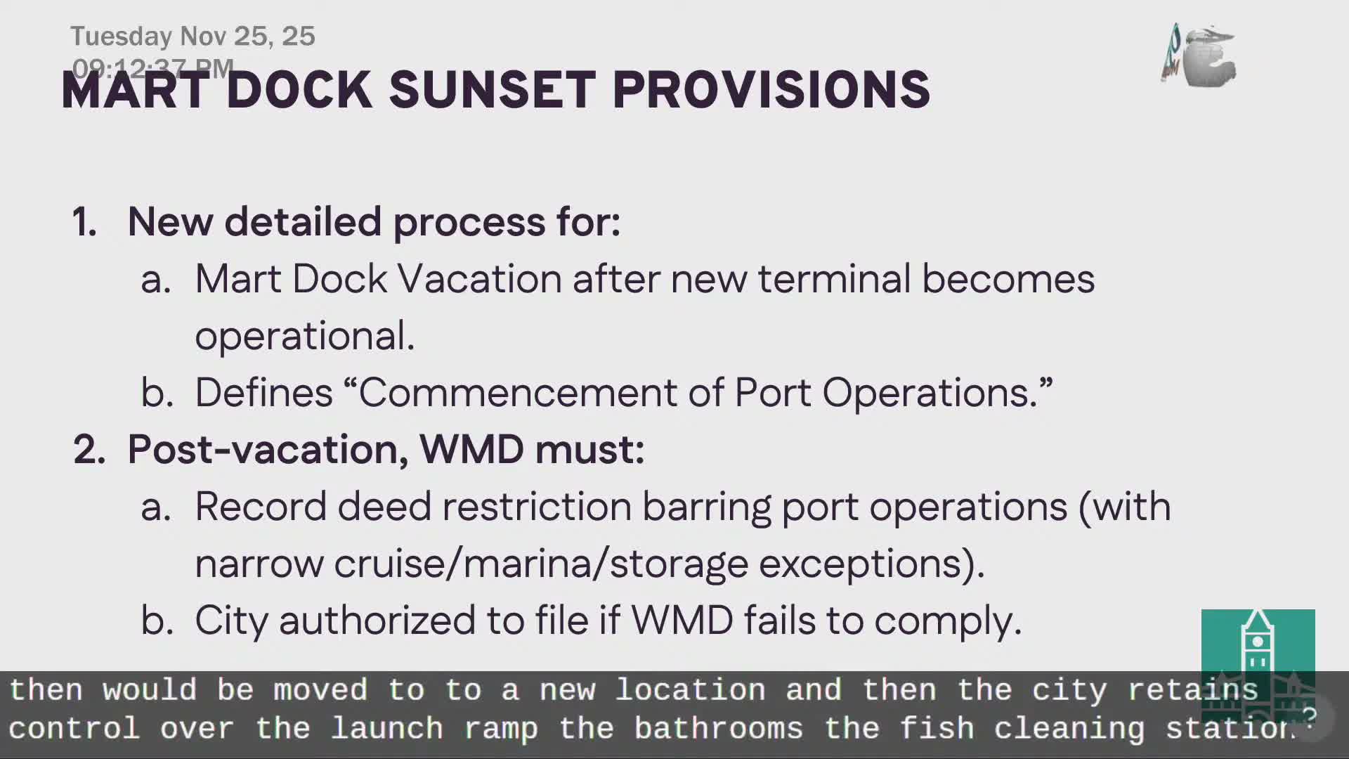 Agreement ties Markdock relocation to Fisherman's Landing start; $2.8M grant allocated for acquisition and sewer work
