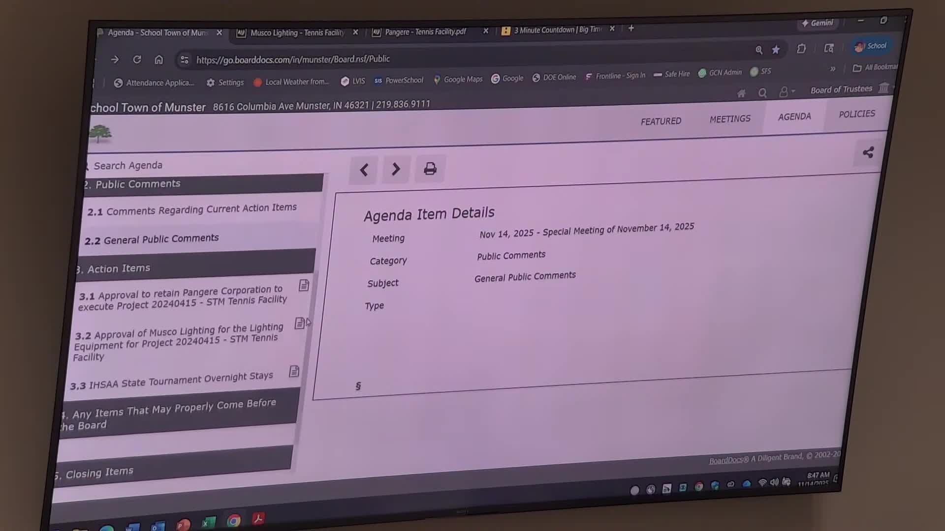 School Town of Munster board approves contractor and lighting for tennis facility project