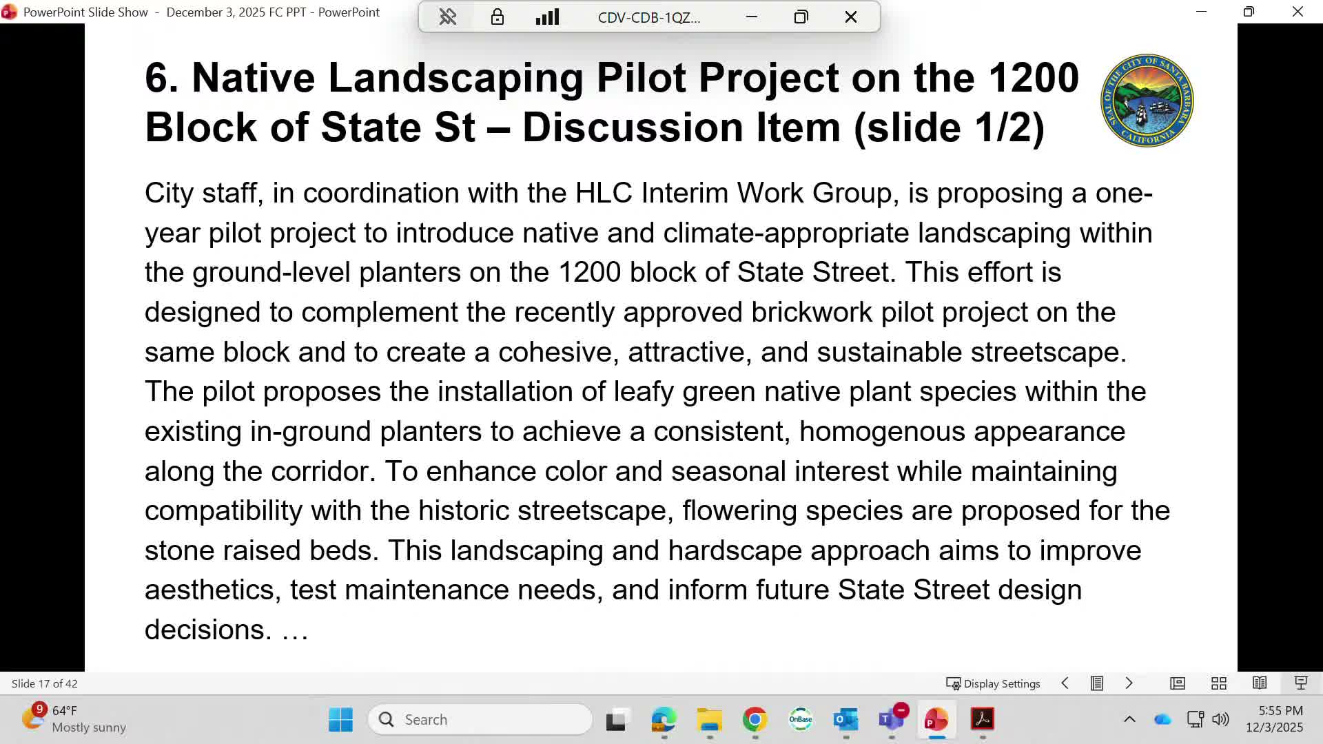 HLC backs one‑year native‑plant pilot for 1200 block of State Street, asks for monitoring and outreach