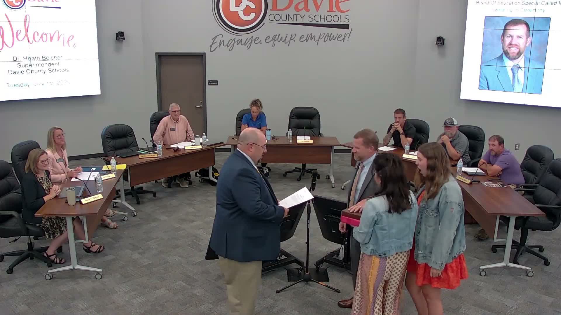 Davie County Schools swears in Heath Belcher as superintendent; board votes to enter closed session