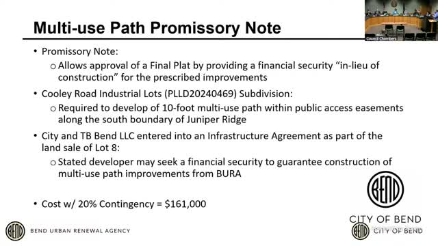 Bend Urban Renewal Agency authorizes $161,000 promissory note and amends Juniper Ridge CIP to fund path and road work