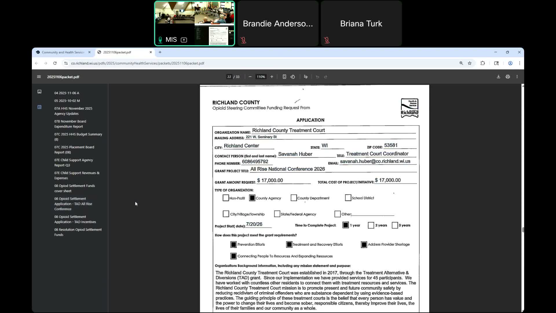 Richland County HHS approves $5,000 treatment-court incentive grant; forwards $16k–$17k conference request to county board