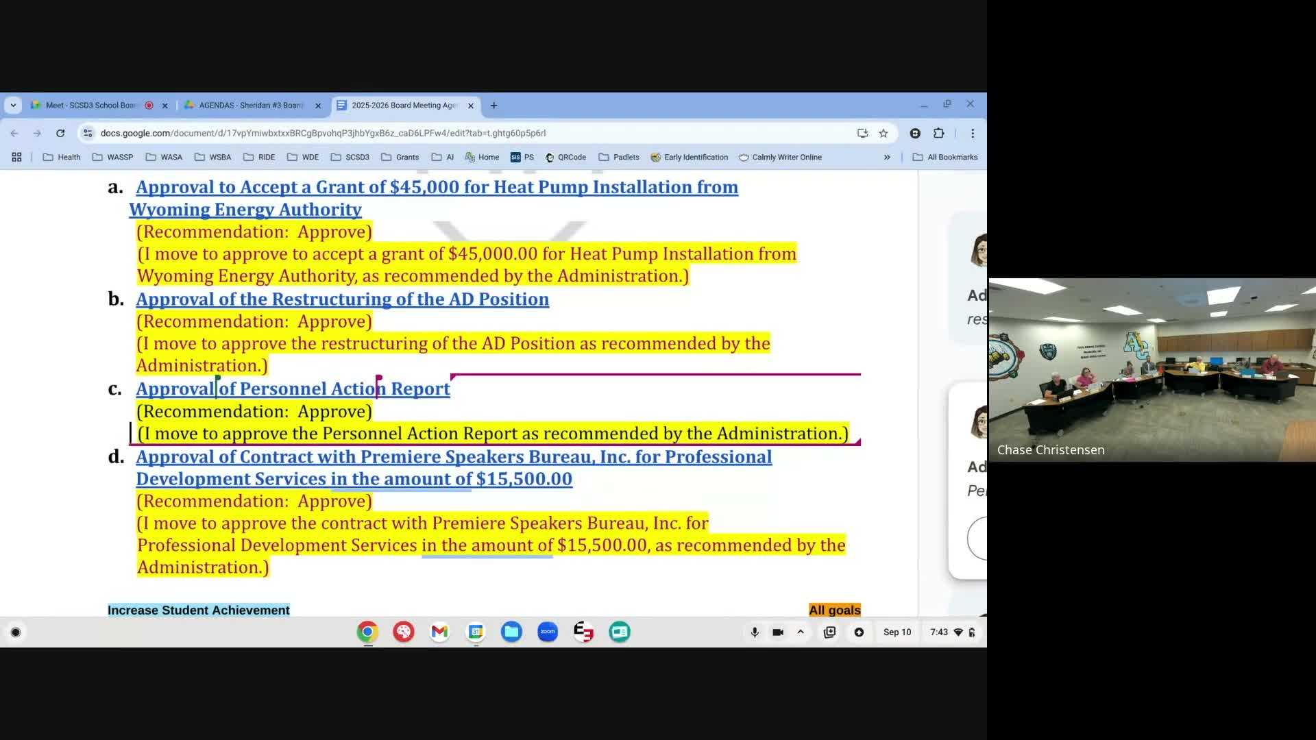 Board approves literacy professional development, Premier Speakers Bureau contract and staff stipends