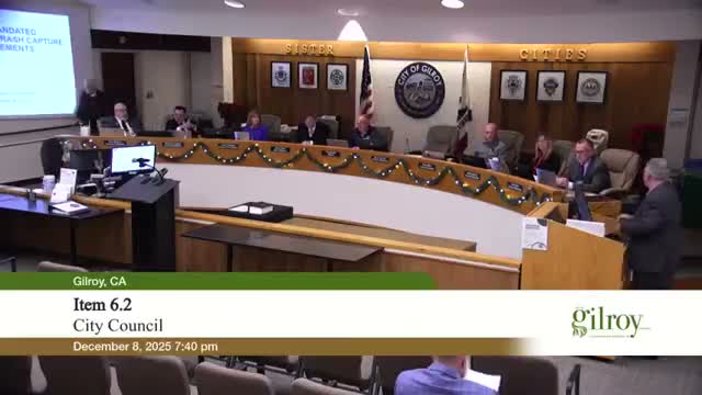 Gilroy orders RFP for 73 connector pipe screens to meet state trash-capture mandate; staff to study separators and Track 2 compliance