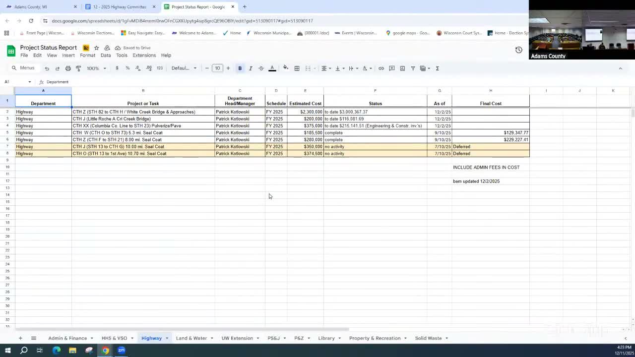 Adams County says County Trunk Highway Z construction costs exceeded budget; deferred projects and underruns will cover gap