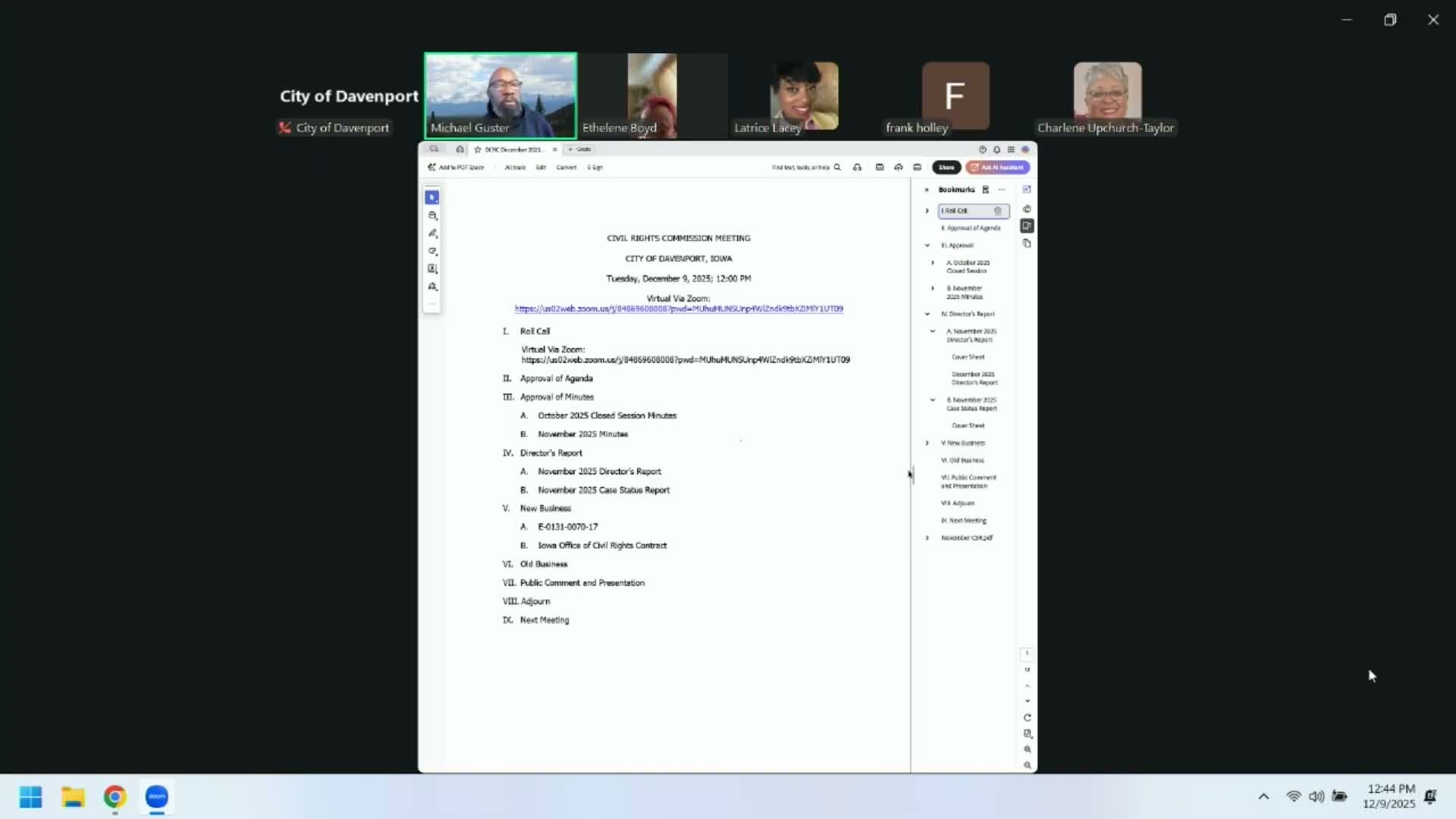 Davenport approves annual civil‑rights work‑sharing contract and routine business; director reports staffing and case loads