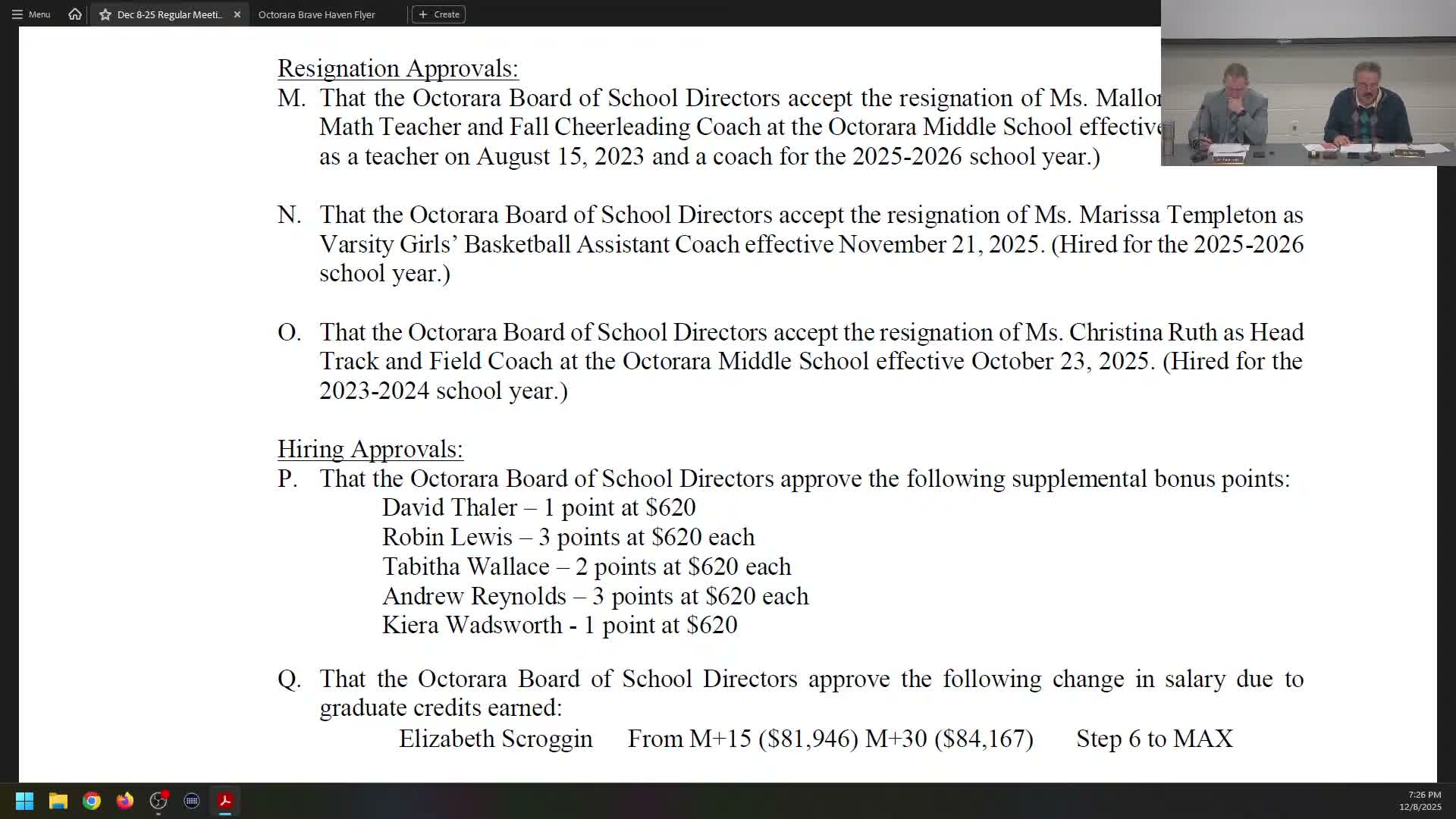 Board accepts staff resignations and approves supplemental compensation and salary adjustments