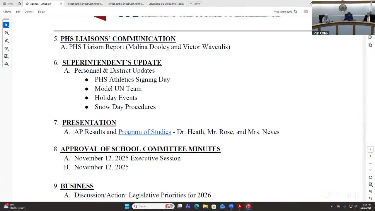 Portsmouth School Committee backs 2026 legislative priorities, keeps ESSA review on the list