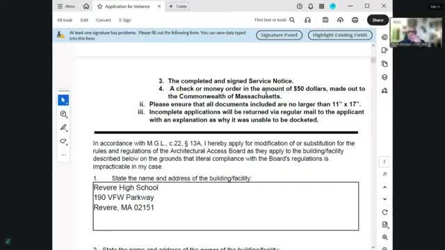 Commission reviews accessibility variances for new Revere High School; BCIL asks for designated wheelchair seating and automatic doors