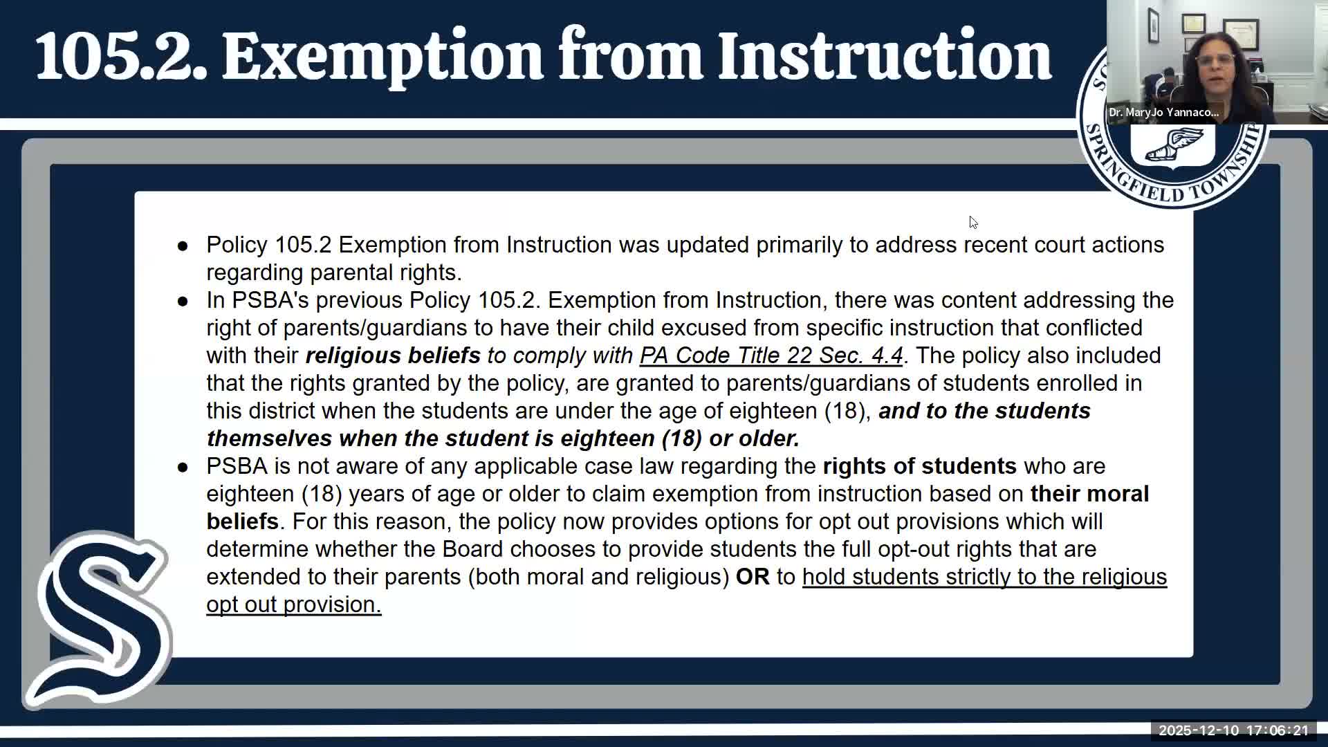 Springfield Township committee backs allowing 18-year-olds to opt out of instruction while limiting 'moral' exemptions