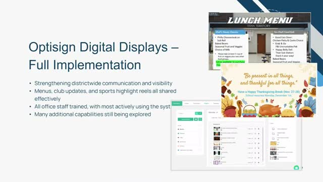 District marketing updates and food service report: new web content, OptiSign displays and breakfast participation increase