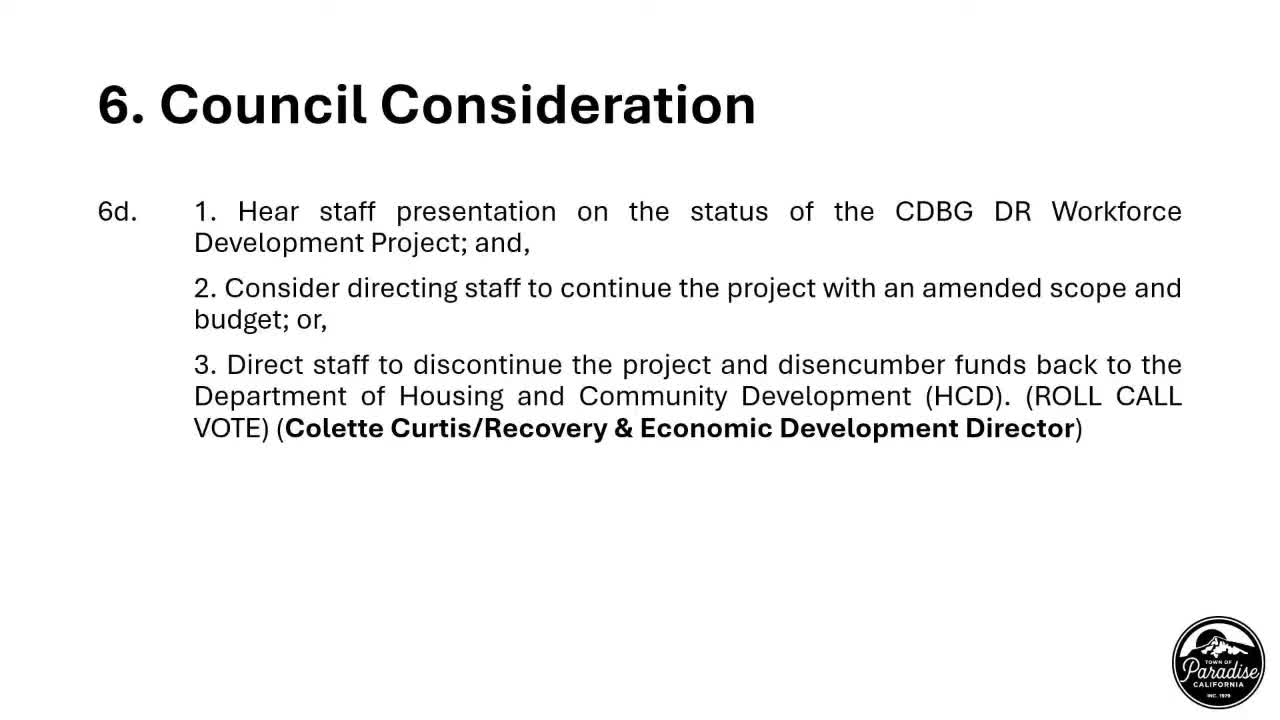Paradise Council greenlights HCD workforce-training grant and directs staff to cash‑flow initial draws