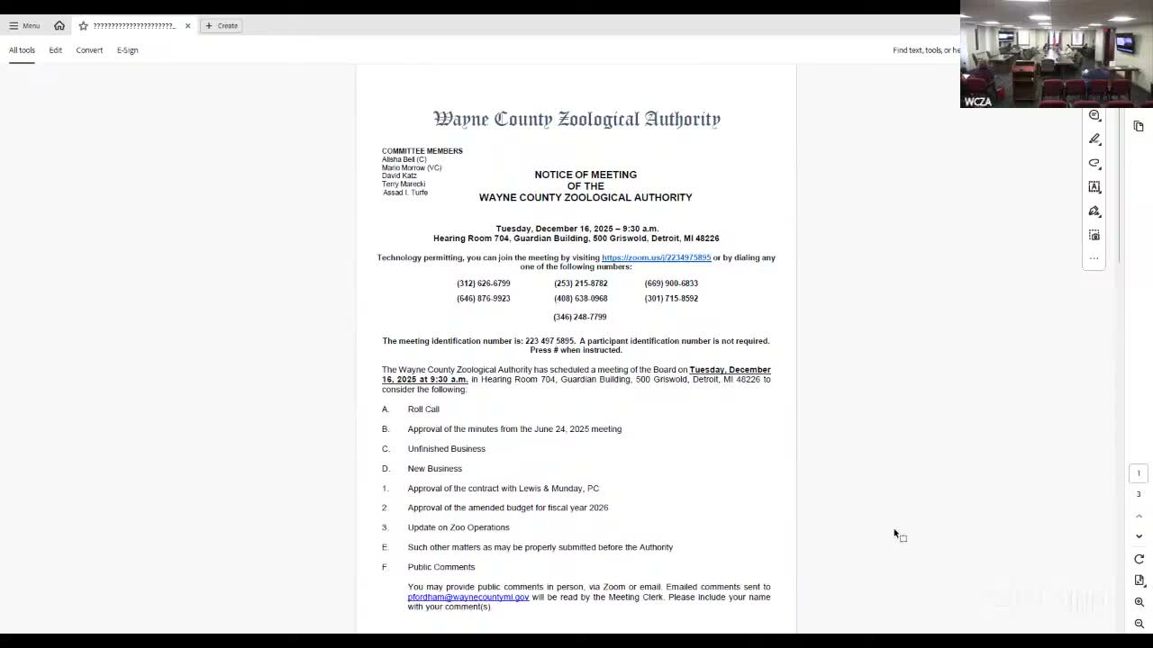 Wayne County Zoological Authority OKs $5,000 legal contract to pursue state tax-exemption funds, amends FY2026 budget