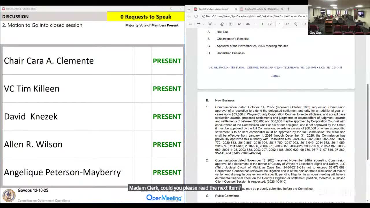 Committee moves into closed session to discuss County of Wayne v. Lakeshore Signs and Safety LLC