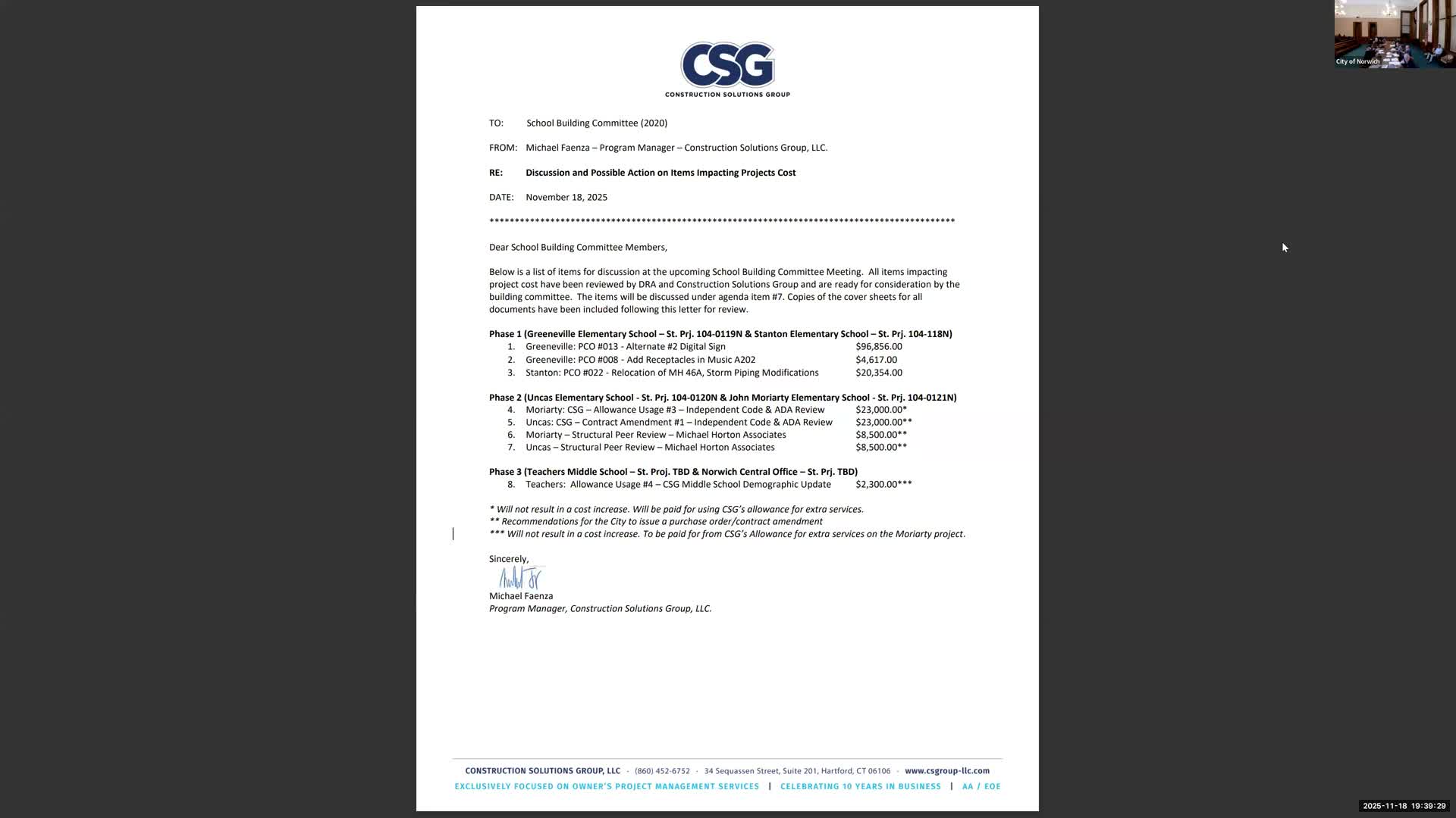 Committee approves series of change orders and consultant contracts totaling six items