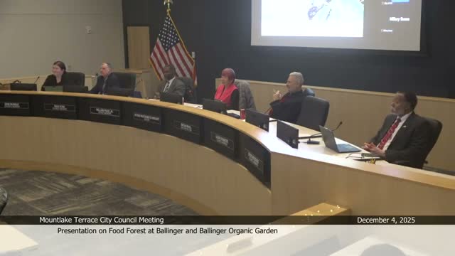 Volunteers propose Ballinger Park food forest and community garden; council praises concept, asks about costs and maintenance