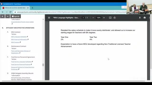 Board ratifies teacher settlement and approves staff contracts; administration details fund impacts