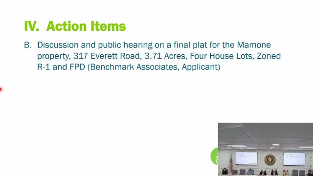 Commission approves four‑lot Mamone subdivision on Everett Road with plat note corrections