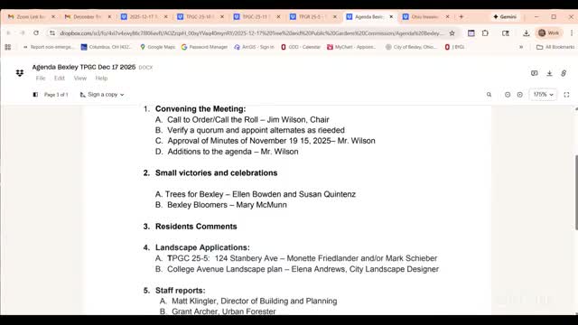 Bexley commission tables front-yard memorial landscape at 124 Stansbury Avenue pending city attorney opinion