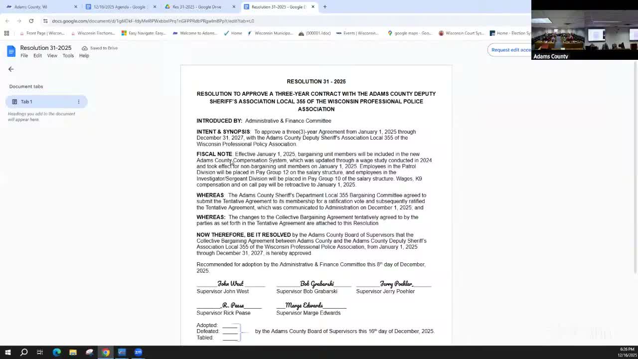 Board approves three-year contract with deputy sheriffs association; one abstention recorded