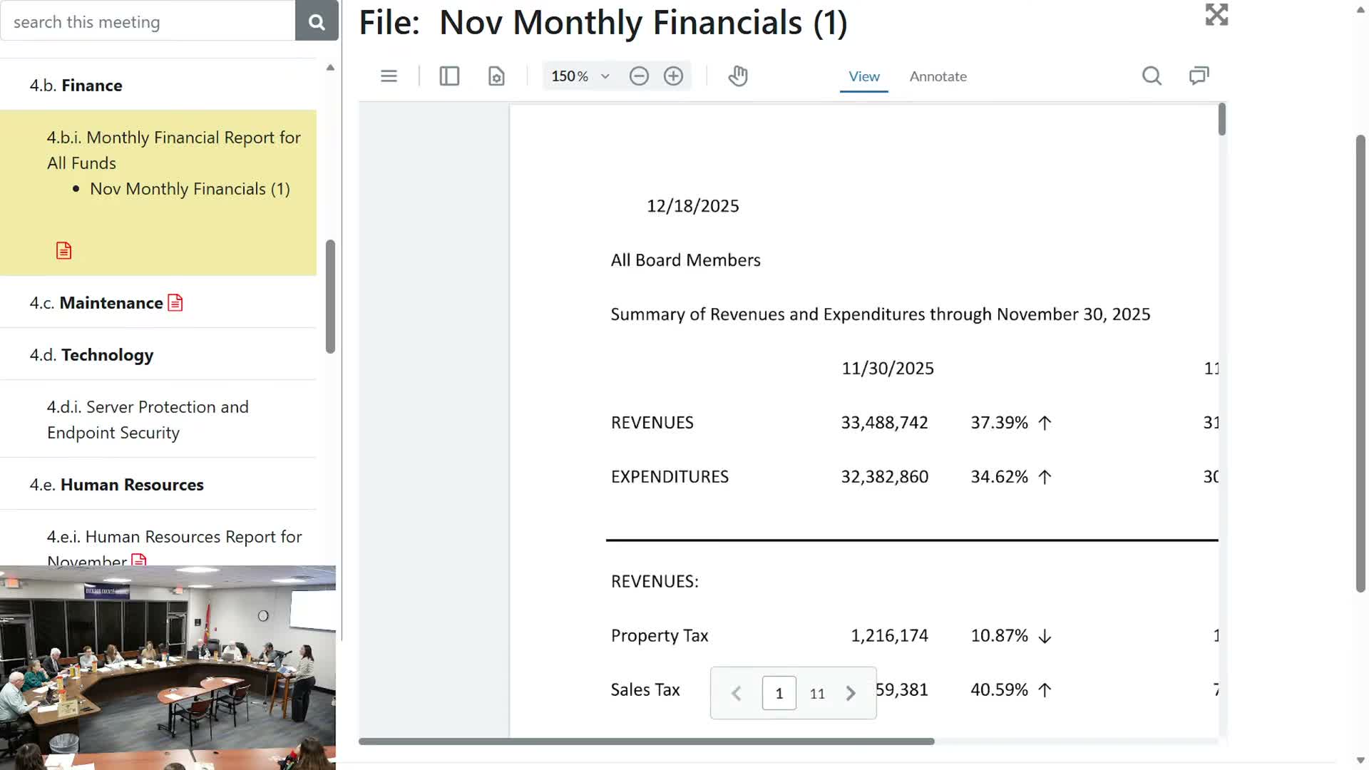 Board accepts monthly finance report; audit release expected in January or February