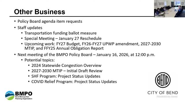Bend MPO members ask for briefing on camera and license‑plate data practices; staff reports ballot-signature update