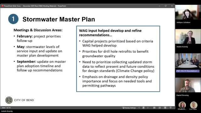 City of Bend advisory group: stormwater master plan expected for mid‑January adoption; plan will inform future rate study