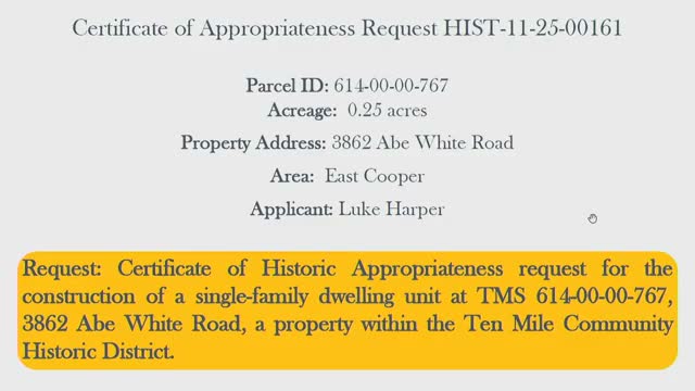 Commission defers proposed 2,115 sq ft house on Abe White Road in 10 Mile historic district