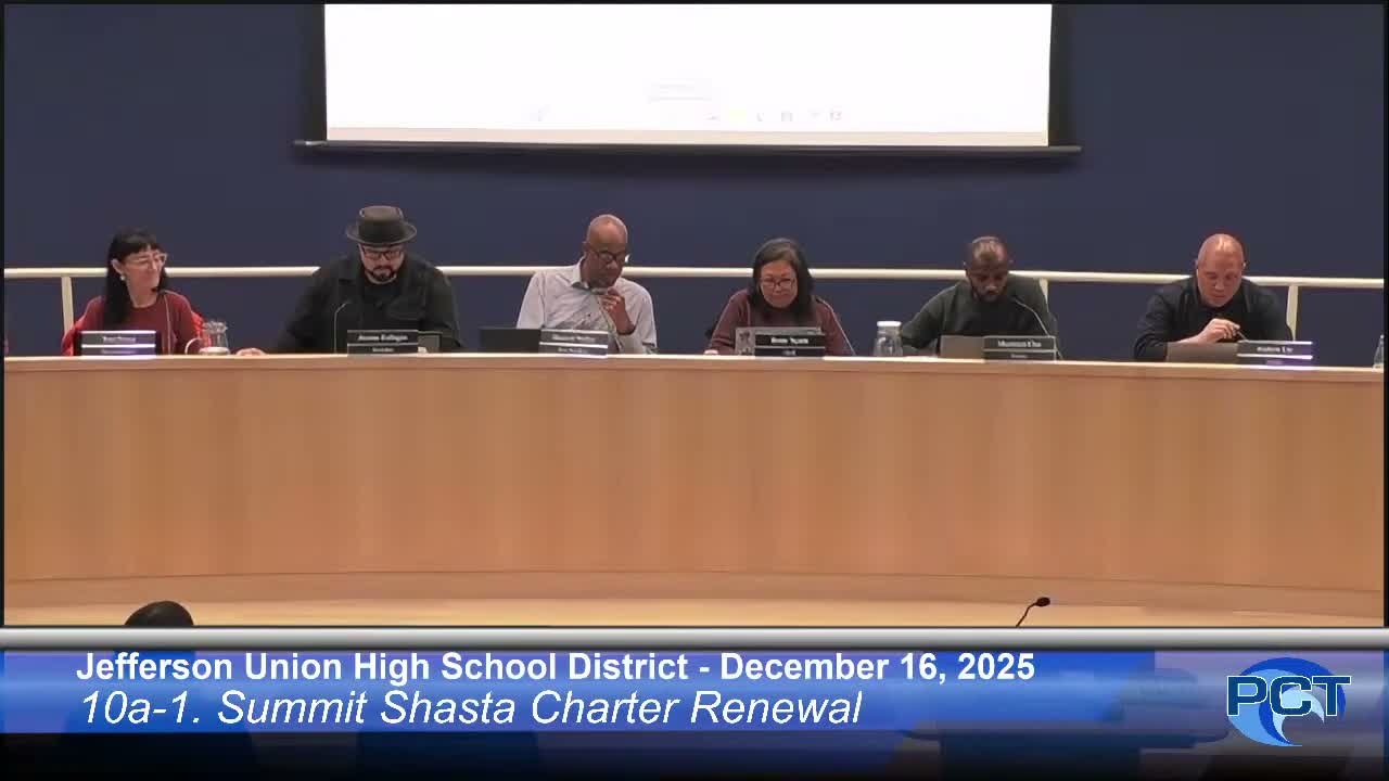 Jefferson Union board approves Summit Chassa charter renewal and first interim budget; adopts side letter clarifying classified longevity pay