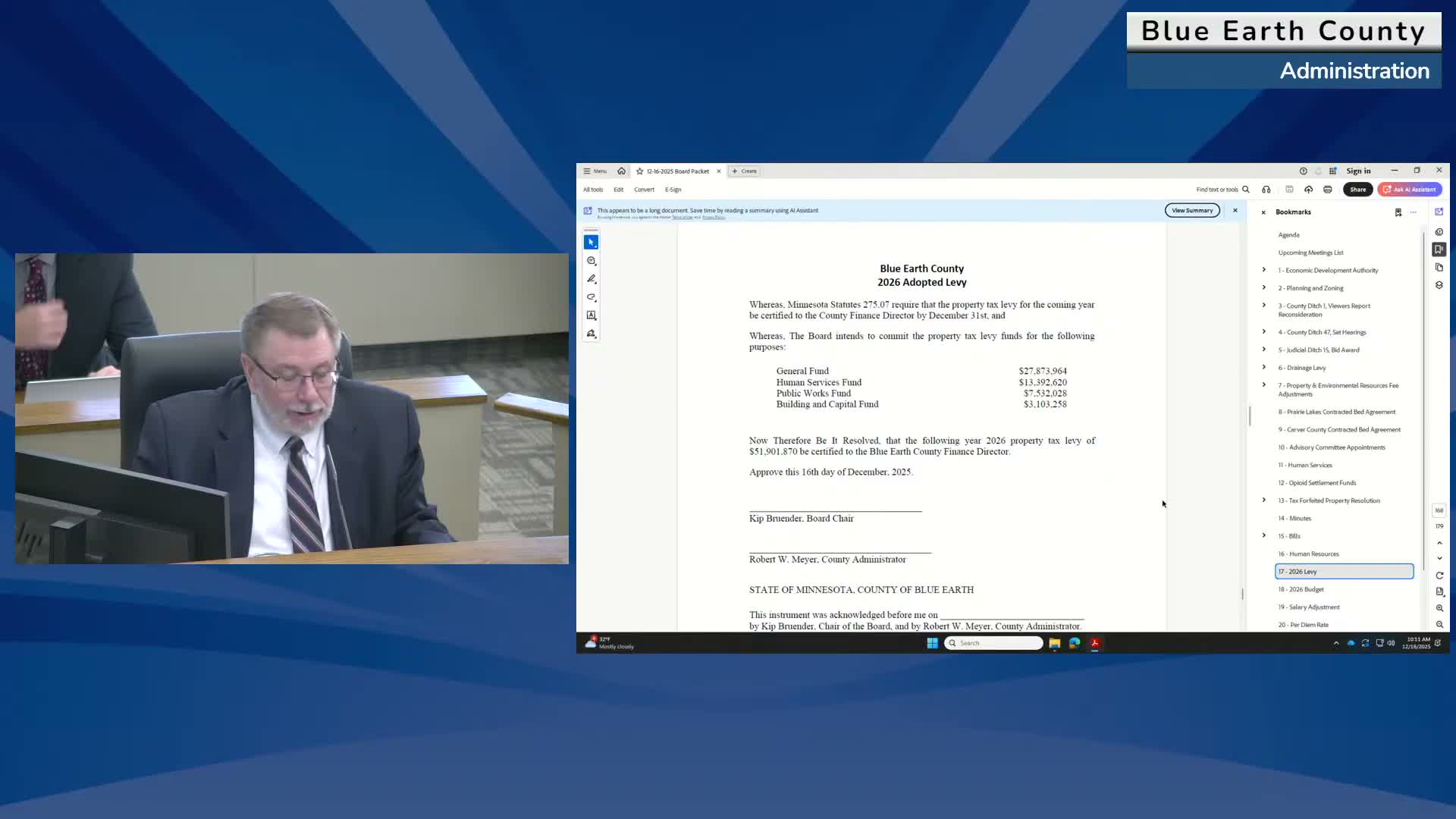 Blue Earth County certifies $51.9 million levy, adopts 2026 budget