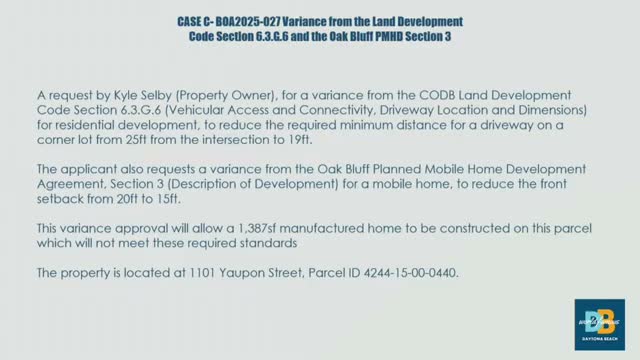 Board approves driveway and front-setback variances for Oak Bluff manufactured home