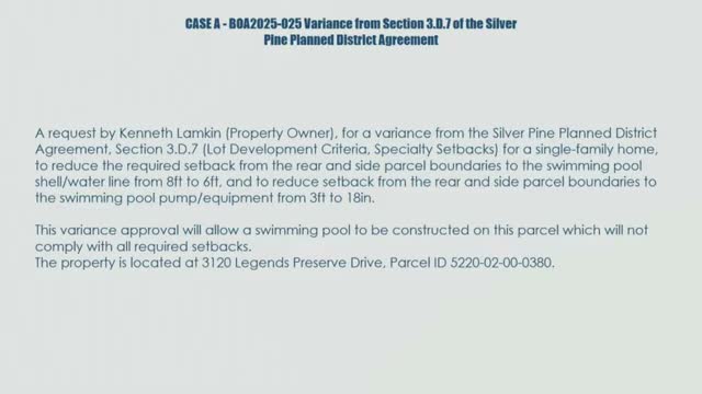 Board of Adjustment approves pool setback variances at Legends Preserve Drive