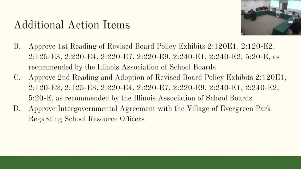 Board adopts revised policy exhibits and approves intergovernmental agreement for school resource officers
