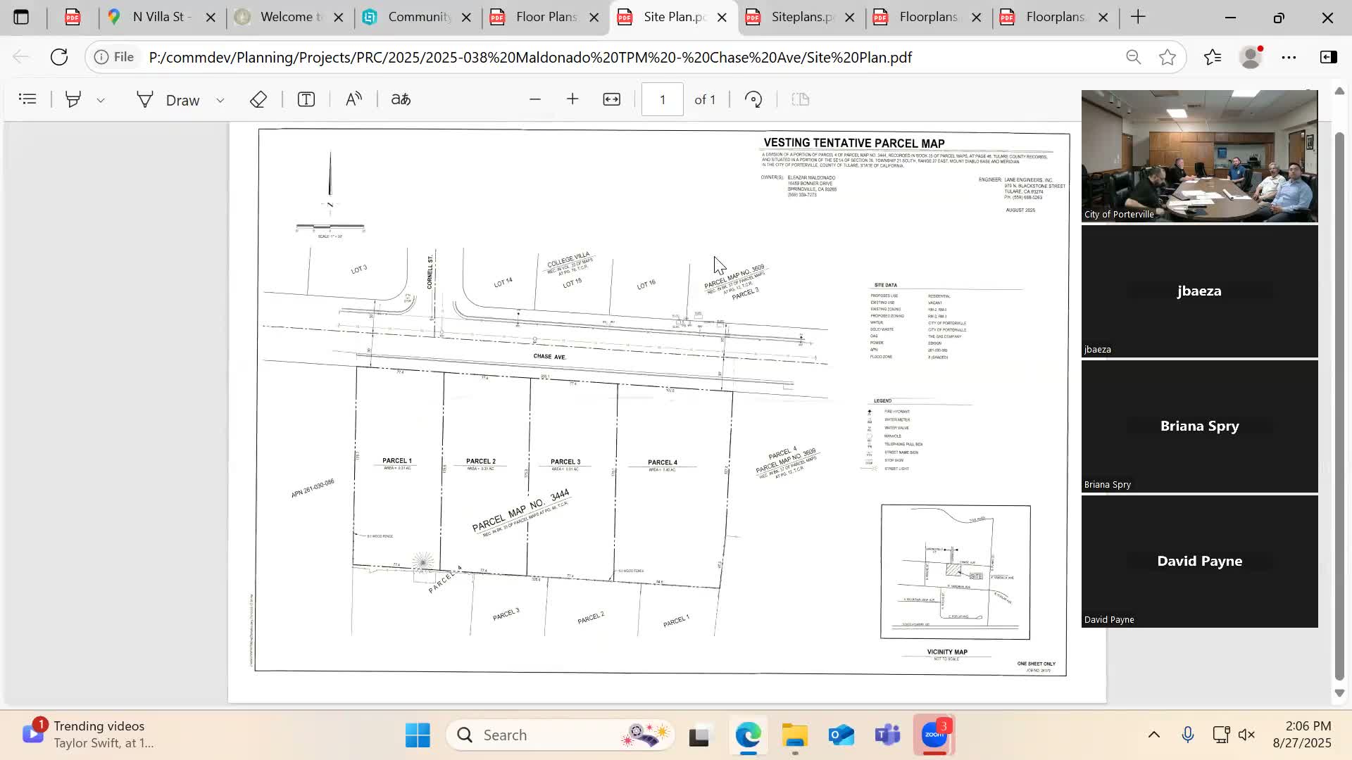Porterville planning staff outline requirements for four‑lot Chase Avenue parcel map; fees, hydrants and driveway widths noted