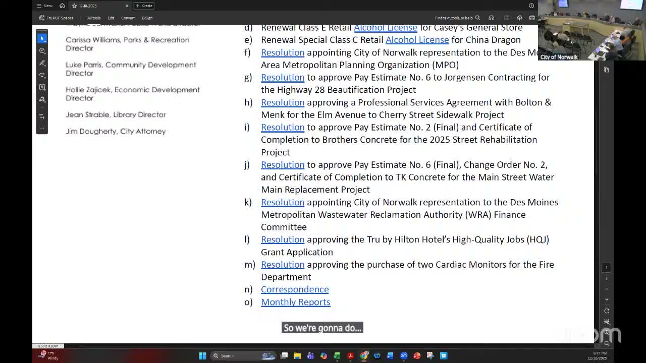 Norwalk council approves routine resolutions, engineering agreement and code update; TK Concrete change order accepted