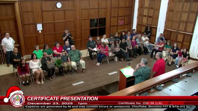 Guam Legislature presents certificates honoring Insular Force Guard and Guam Combat Patrol; Public Law 38-73 designates Dec. 10 as memorial day