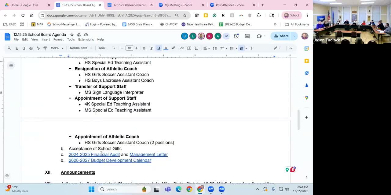 Board accepts 2024–25 financial audit; auditors flag accounting changes, reduced state aid and a previous Medicaid overclaim