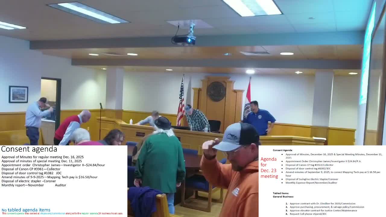 St. Francois County commissioners approve consent agenda, autopsy contract and procurement updates; elevator deal passed, stipend deferred
