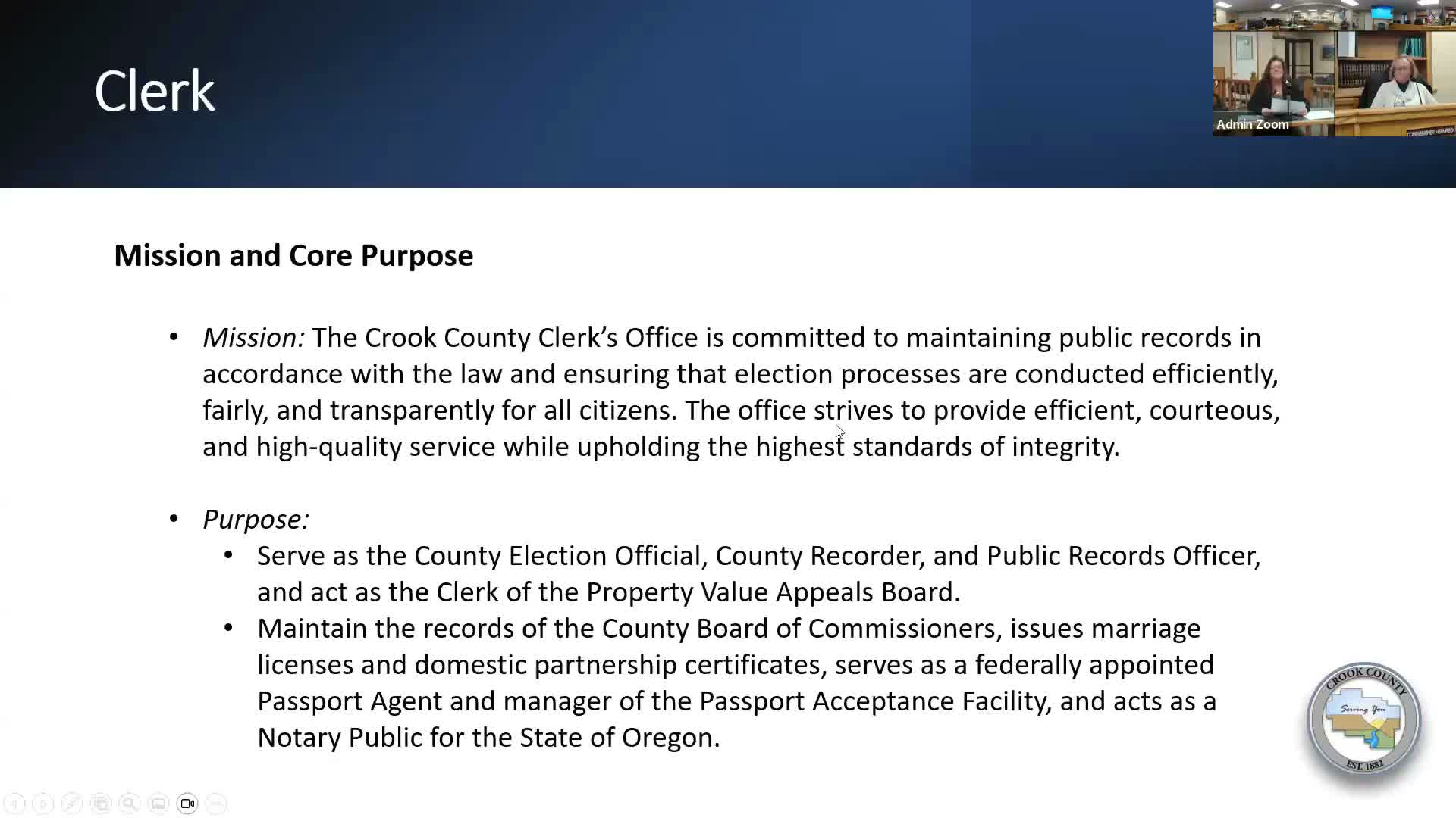 Crook County clerk outlines core services, digital-recording rollout and passport access