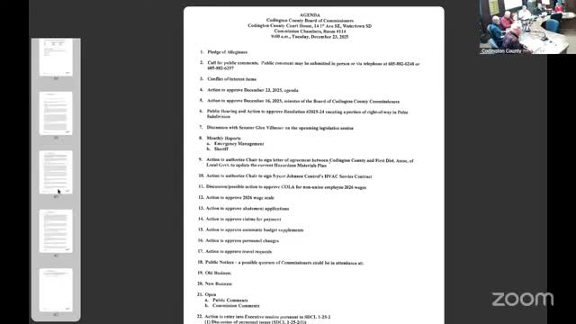 Codington County commissioners approve right‑of‑way vacation, HAZMAT plan agreement, HVAC contract, COLA and hire