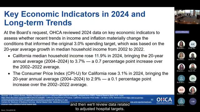 OCA recommends holding spending target steady; board debates lookback window and high‑cost hospital criteria