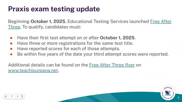 LDOE certification office flags ETS 'Free After 3' Praxis policy and links resources for educators