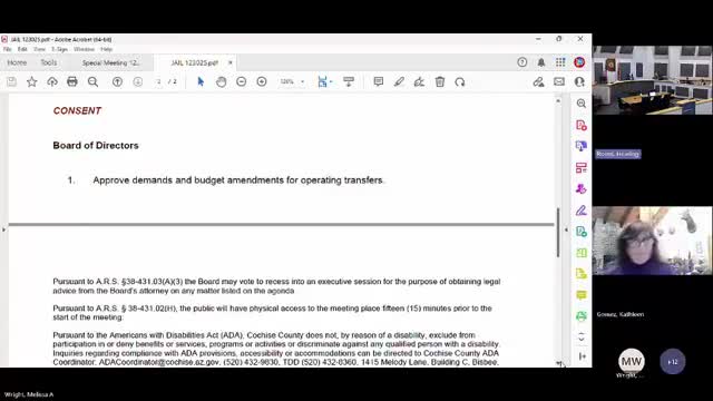 Cochise County Jail District approves consent-agenda budget amendments for operating transfers