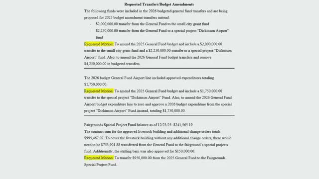 Stark County Commission approves $2M small‑city grant transfer, creates Dickinson Airport fund