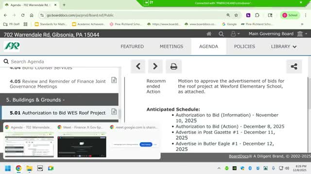 Board approves Wexford roof bid advertisement, endorses calendar and Act 80 application; hears update on proposed cell-tower lease