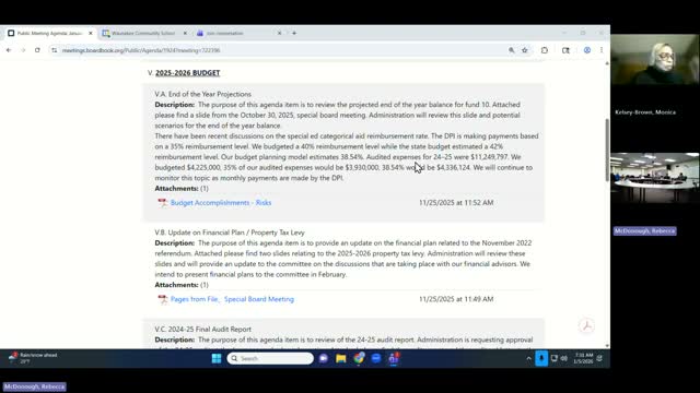 Committee hears uncertainty over state special‑education reimbursement; district says position is manageable if DPI proration is ~38.5%