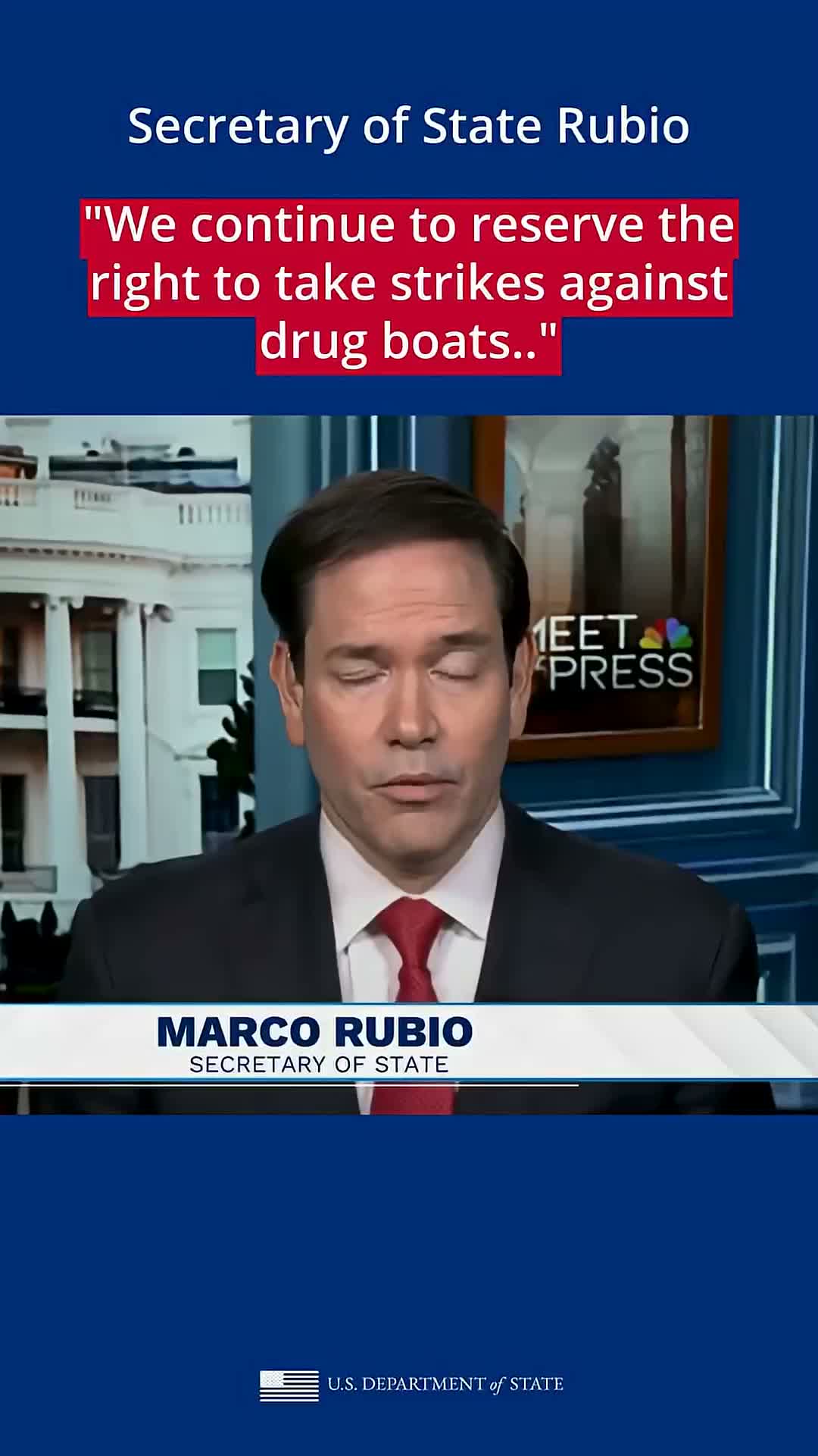 Unidentified speaker says U.S. enforcing oil sanctions, seizing vessels and reserves right to strike drug-smuggling boats; claims Maduro in U.S. custody