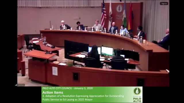 Palo Alto council adopts resolution honoring outgoing Mayor Ed Lowing; vote 6-0-1