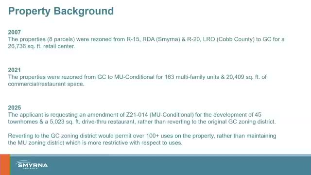 Smyrna planning commission backs amendment allowing 45 townhomes and a 5,023‑sq‑ft drive‑through; neighbors cite traffic and child‑safety concerns