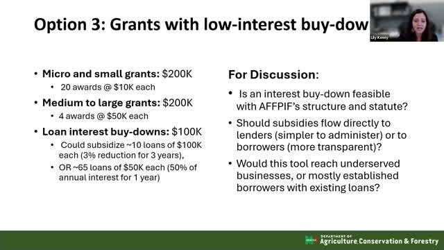 Advisory board leans toward grants-first approach for $500,000 AFIF round; debates tiers, TA and scoring